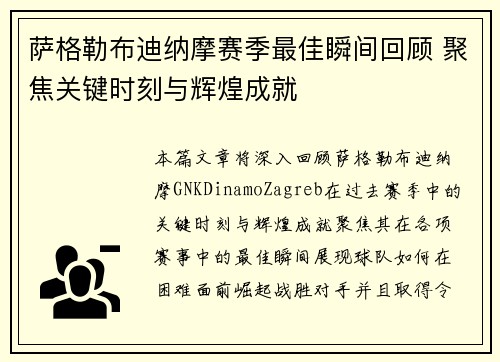 萨格勒布迪纳摩赛季最佳瞬间回顾 聚焦关键时刻与辉煌成就 萨格勒布迪纳摩赛季最佳瞬间回顾 聚焦关键时刻与辉煌成就
