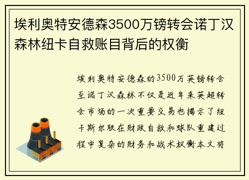 埃利奥特安德森3500万镑转会诺丁汉森林纽卡自救账目背后的权衡
